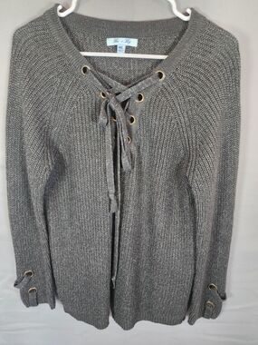 She + Sky Gray Lace-Up Scoop Neck Sweater with Gold Eyelets